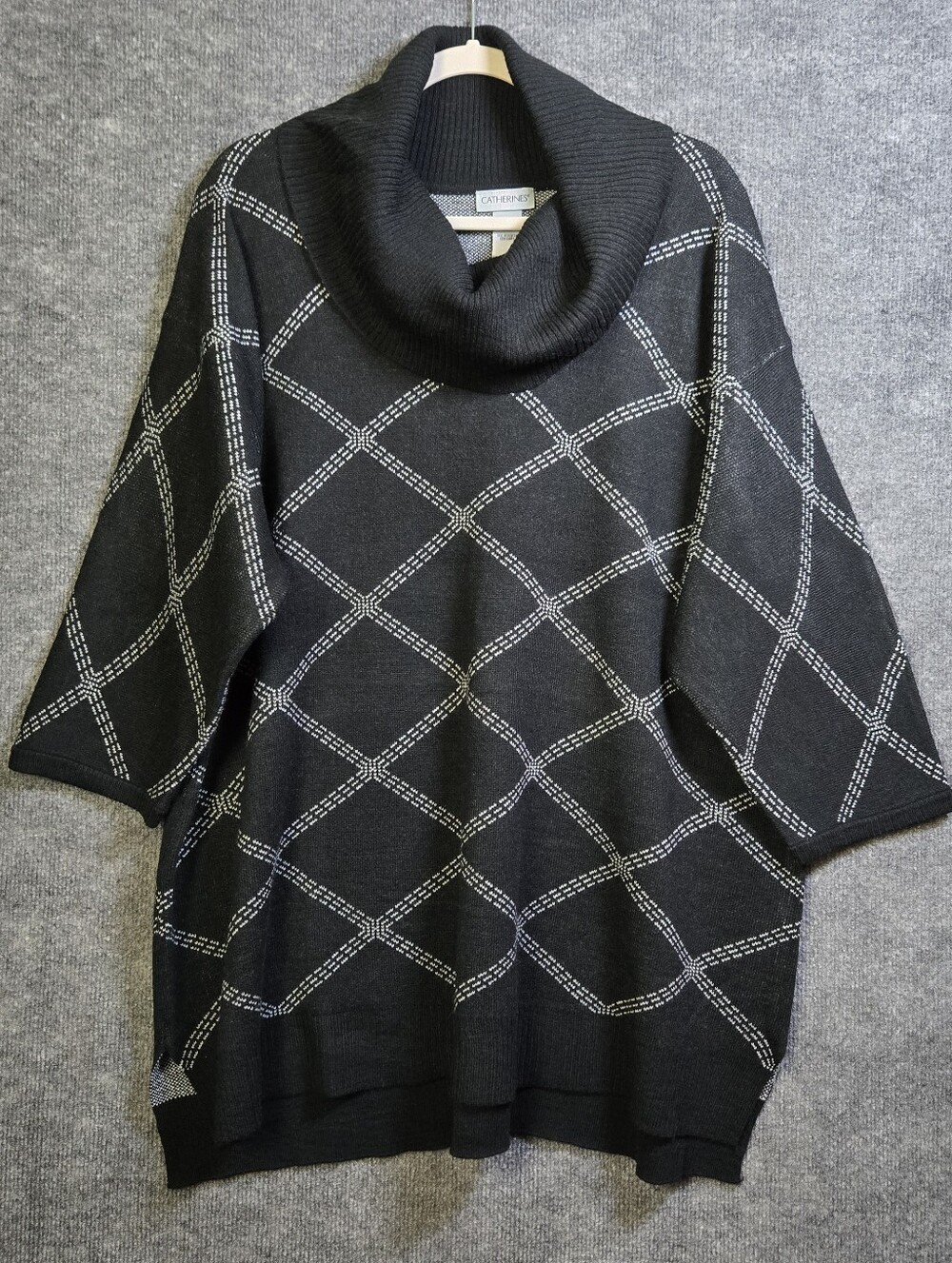 Catherines Sweater Womens 2X Black White Plaid Cowl Neck Side Slits Career New.
